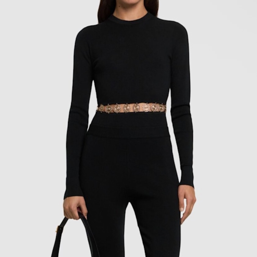 Paco Rabanne Embellished Gold Medallion Hem Wool & Silk Sweater Size Large $790